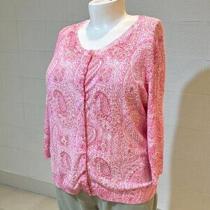 Talbots Woman Size 3X Pink, Red & White Beaded Paisley Stretch Cardigan Sweater